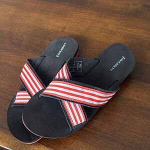 Lands' End Black Slide Sandals with Red & White Striped Cross Straps